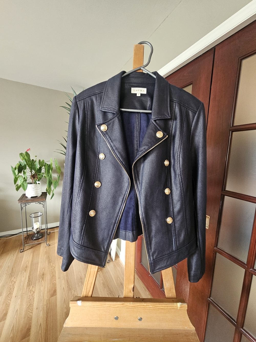 Laura Navy Double-Breasted Leather Jacket with Gold Buttons